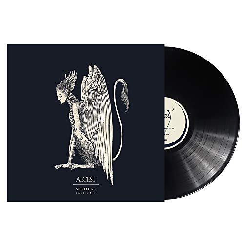 "Black album cover featuring a white illustration of a winged creature and text."