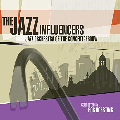 Jazz album cover with cityscape, abstract shapes, and trumpet illustration in muted colors.