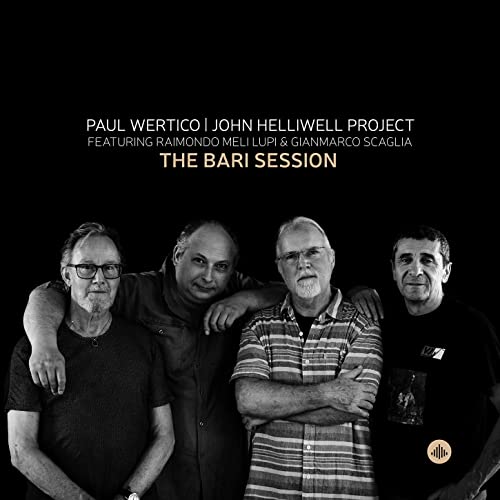 Black and white portrait of four musicians, album cover for "The Bari Session".