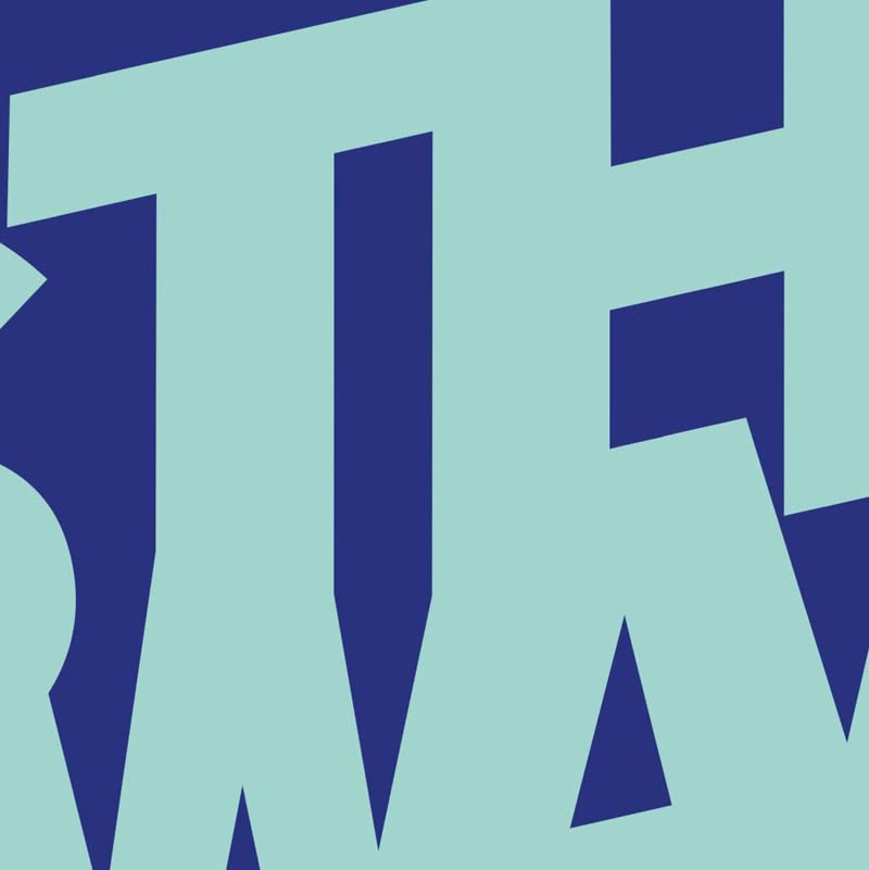 Close-up of abstract blue and teal geometric shapes forming letters.