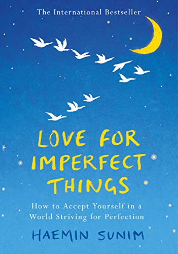 The image depicts a book cover with a blue night sky background, featuring white birds flying towards a yellow crescent moon. The title "Love for Imperfect Things" is prominently displayed in yellow text, accompanied by the subtitle "How to Accept Yourself in a World Striving for Perfection" in smaller white text below. The author's name, "Haemin Sunim", is written in blue at the bottom right corner. Alt text: Book cover with blue night sky, white birds, and yellow