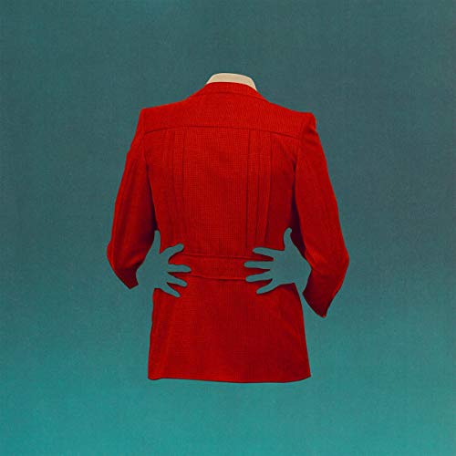The image shows a red jacket on a mannequin against a teal background.