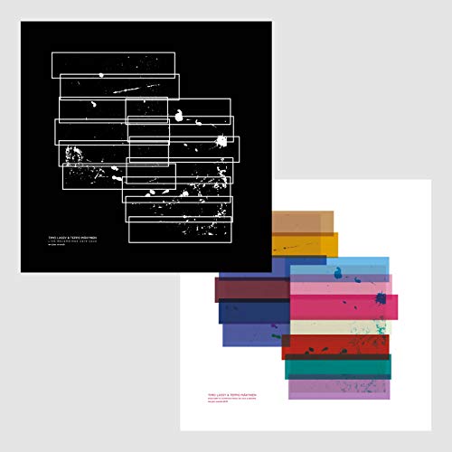 Black vinyl record cover with white abstract lines and colorful insert cards.