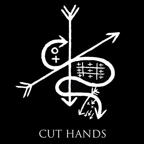 White abstract symbol of a hand and arrows on black background.