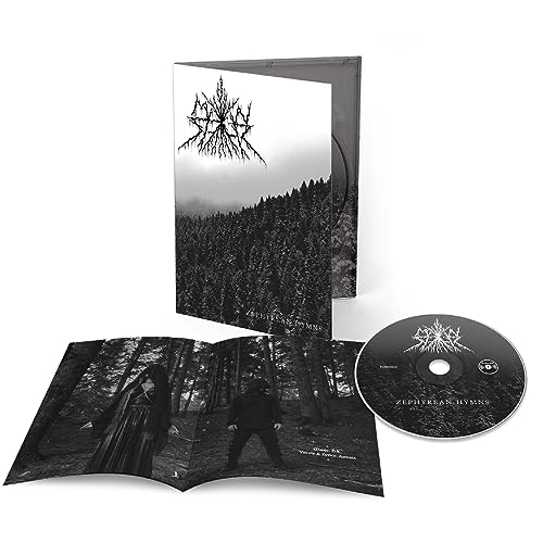 CD case and disc for Melan Selas’ “Zephyrean Hymns” album, dark forest imagery.