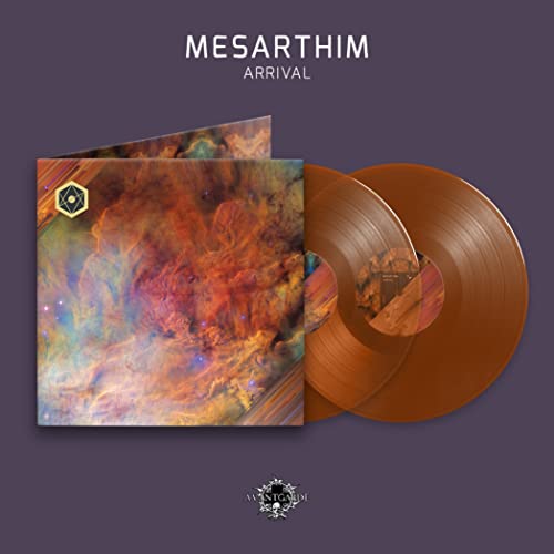 Mesarthim “Arrival” vinyl 2LP with brown records and nebula artwork.