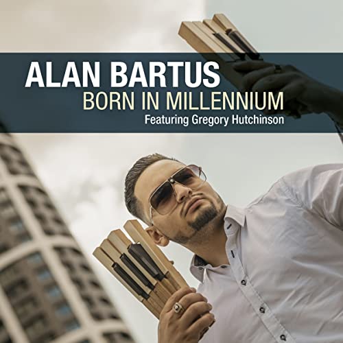 CD cover featuring Alan Bartus with a handpan, and building backdrop.