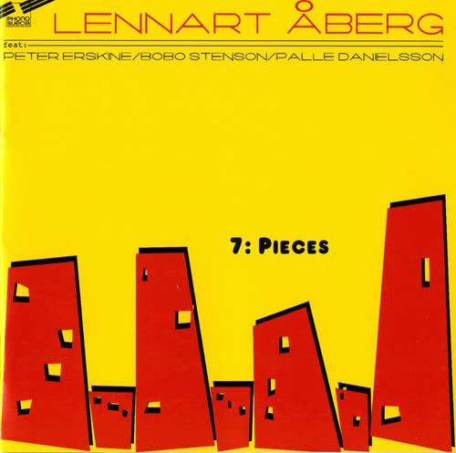 Yellow CD cover with abstract red buildings and black text: "7: Pieces".