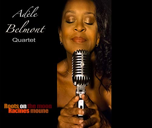 Adele Belmont singing into a vintage microphone, album cover.