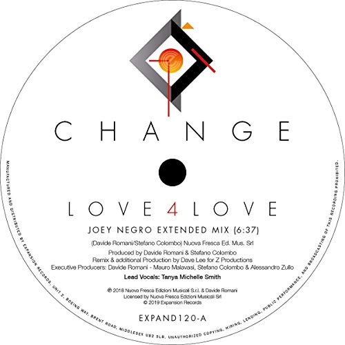 White vinyl record label with "CHANGE" and "LOVE4LOVE" text, geometric logo, and song details.