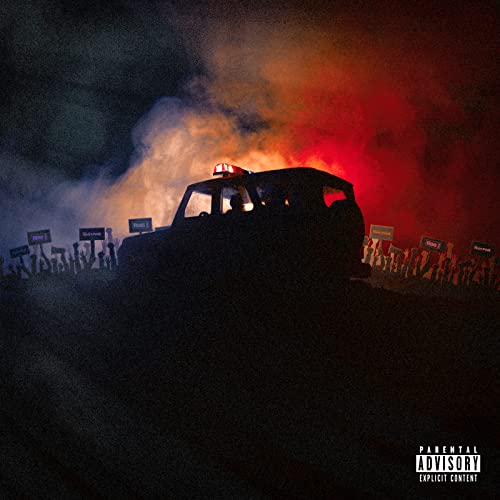 Dark album cover featuring a silhouetted car amidst a crowd and smoke.