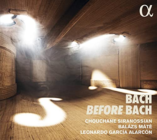 CD cover for "Bach Before Bach" featuring stone architecture and light.