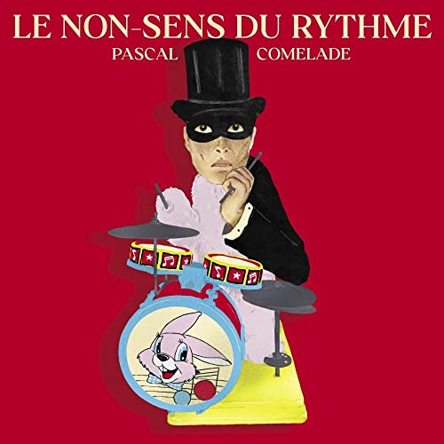Red album cover featuring a masked figure with a toy drum set.