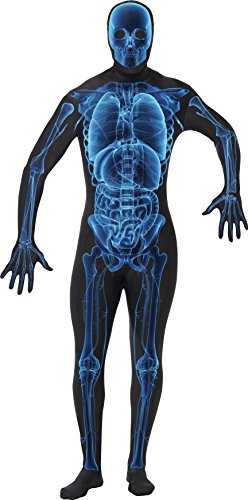 Black full-body costume with glowing blue skeleton design, including skull and internal organs.