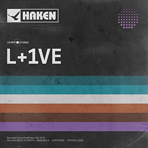 The image is a black album cover with the band name "Haken" and title "L+1VE". The alt text is: "Black album cover with Haken logo, title L+1VE, and colored stripes."