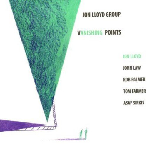 "Album cover with green triangle and artist names on a white background."