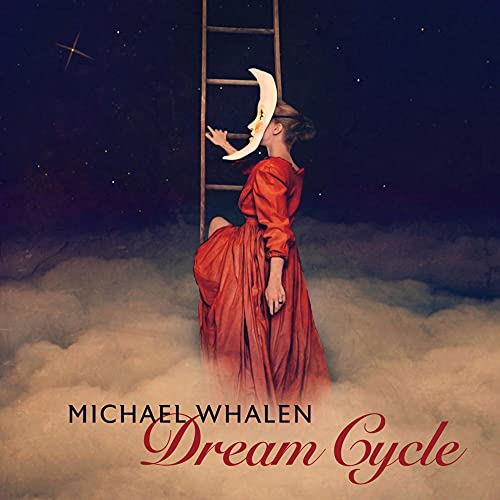 CD cover: woman in red dress reaching for a crescent moon on a ladder.