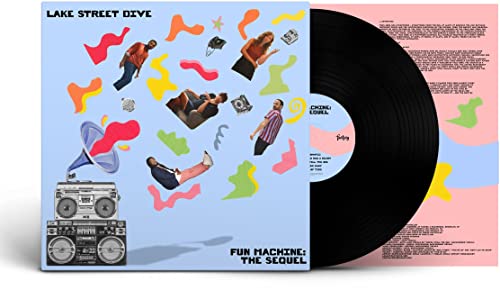 Vinyl record and cover with colorful graphics and people floating amidst abstract shapes.