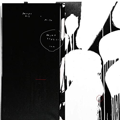 Black and white abstract album cover with text and distorted shapes.