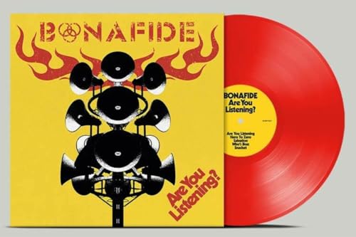 Red vinyl record with yellow cover featuring black speakers and flames.