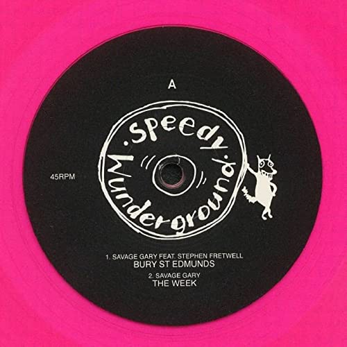 Black vinyl record label with white text and a cartoon cat illustration.