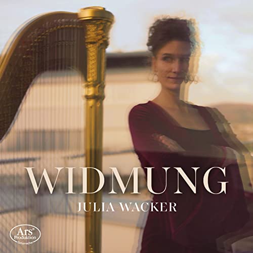 Harpist Julia Wacker portrait with harp, album title "Widmung" visible.