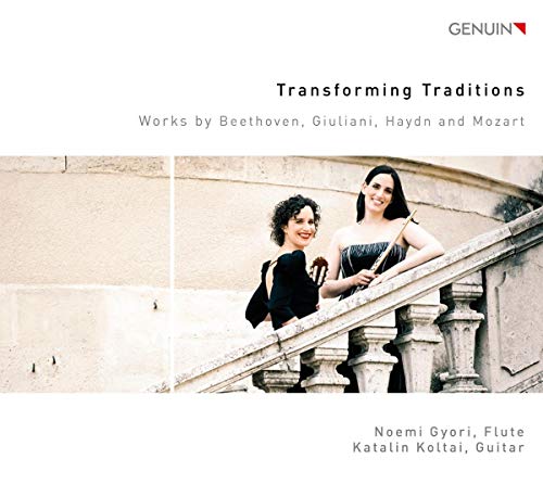 "CD cover with two women on a stone staircase, white background, classical music theme."