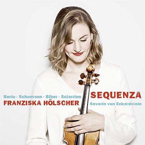 A woman in a white shirt holds a violin, with text overlay on a white background.