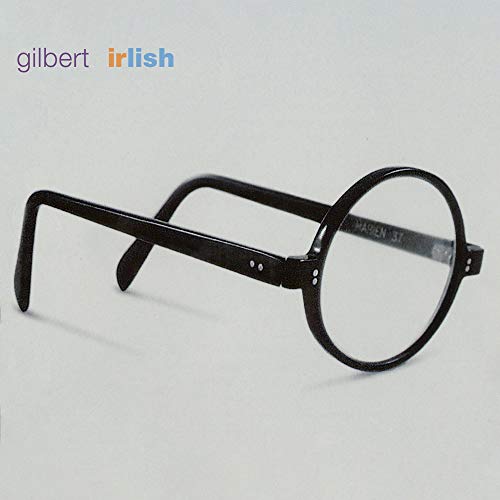 Black round glasses with clear lenses on a white background, with "gilbert irlish" text.
