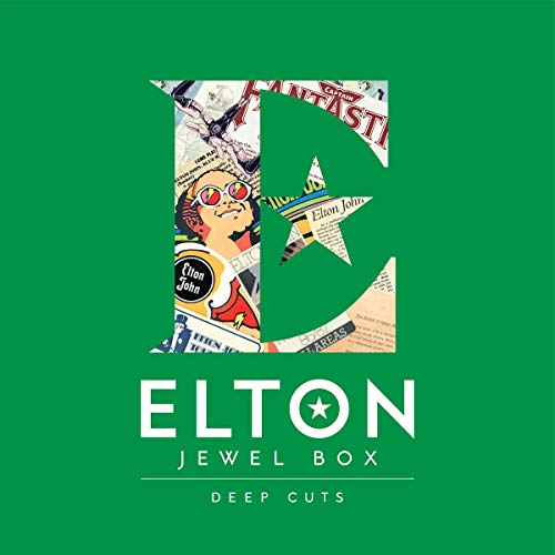 "Green vinyl record album cover with 'Elton John Jewel Box Deep Cuts' and four black vinyl records."