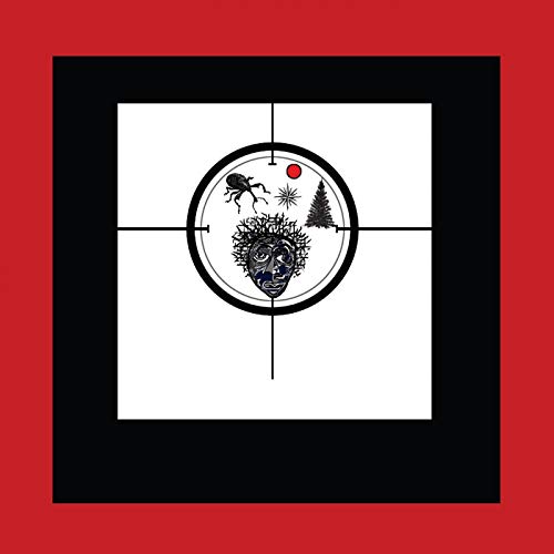 Circular album art with a face, insect, and tree within crosshairs.