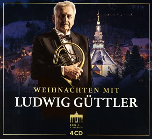 Ludwig Guttler holding a brass instrument, winter village background, CD cover.