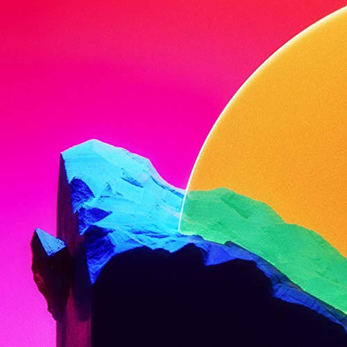 The image depicts a vinyl record cover featuring a stylized, abstract landscape. For accessibility purposes, a concise alt text could be: "Vinyl record cover with abstract landscape, colorful mountains and sun."