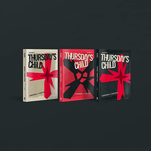 Three CD cases for TXT’s “Thursday’s Child” album, with red starburst designs.