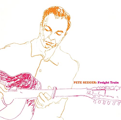 Orange line art of Pete Seeger playing a guitar, album cover.
