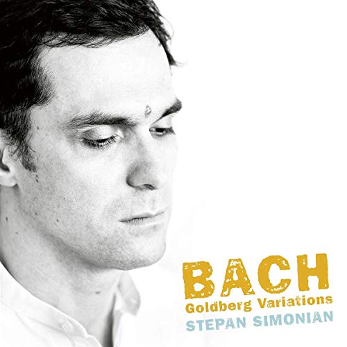 Black and white portrait of a man with text "Bach Goldberg Variations Stepan Simonian".