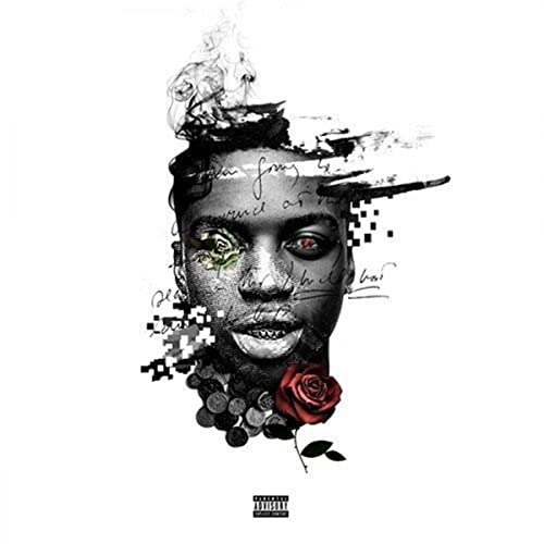 Ishdarr album cover: distorted portrait with smoke, rose, and pixelation.