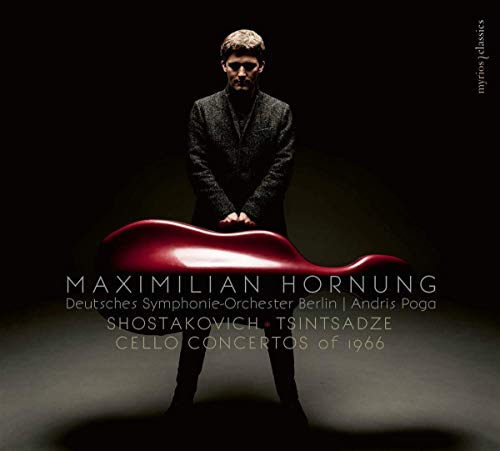 A man stands behind a red cello on a dark background with white text overlay.