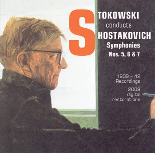 Leopold Stokowski portrait on CD cover for Shostakovich symphonies recordings.