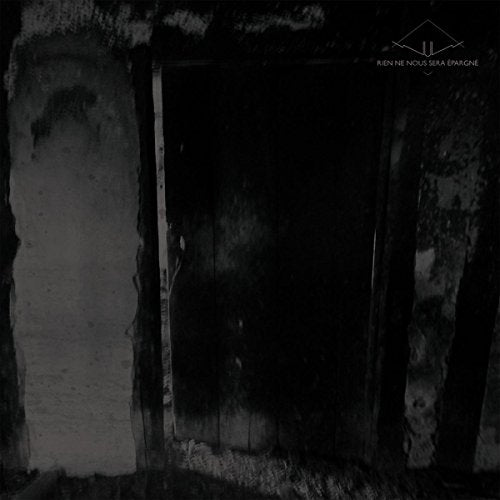 "Black and white image of a dark, abstract scene with white text and a logo."