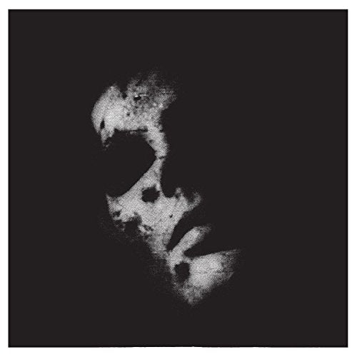 The image depicts a black-and-white album cover with a distorted, abstract face.