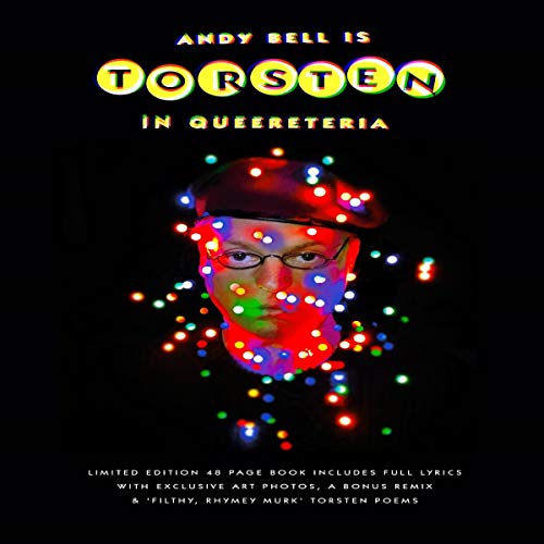 Man surrounded by colorful lights on a black background with text above and below.
