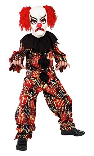 Man wearing a red, black, and yellow clown costume with a white face mask.