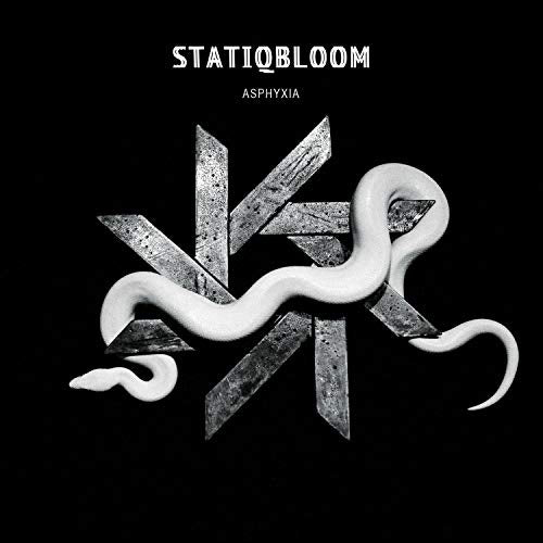 A white snake on a metal star against a black background.