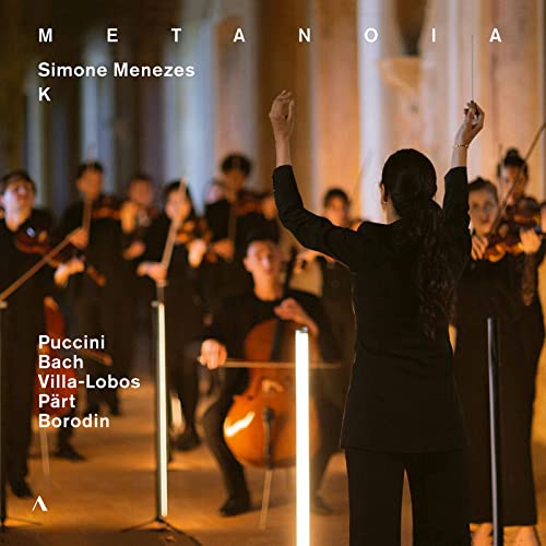 CD cover: orchestra with conductor, Simone Menezes, in dark clothing.