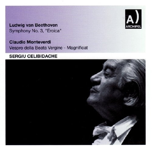 CD cover with black and white photo of conductor Sergiu Celibidache against a dark background.