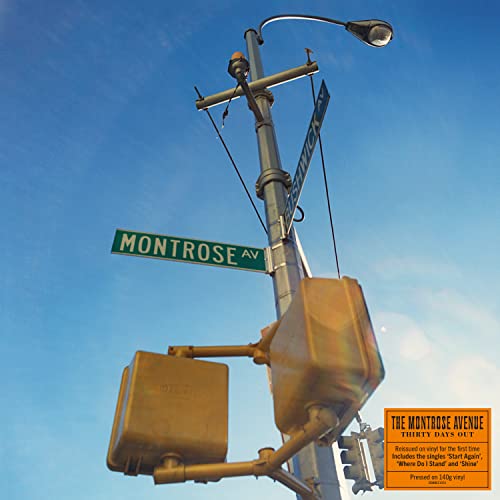 Street sign reading "Montrose Av" against a bright blue sky.