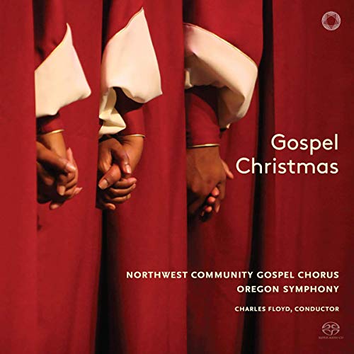 "CD cover with choir members' hands holding behind red curtains, titled 'Gospel Christmas'."