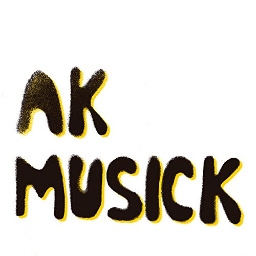 The alt text for the image is: "Black spray-painted text 'AK MUSICK' with yellow outline on white background."