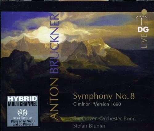 CD cover for Bruckner’s Symphony No. 8, featuring a mountain landscape.